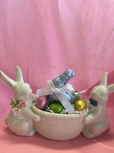 ceramic bunny basket with chocolate eggs